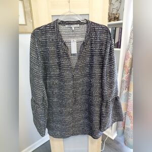 Women's Lemon Tart Black White Patterned Blouse Silk Like W/Bell Sleeves Cute